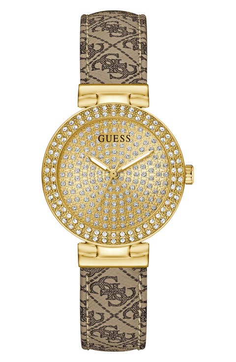Goldtone & Crystal Logo Leather Strap Watch, 32mm