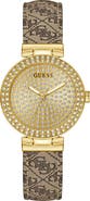 GUESS Goldtone & Crystal Logo Leather Strap Watch, 32mm