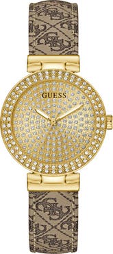 GUESS Goldtone & Crystal Logo Leather Strap Watch, 32mm