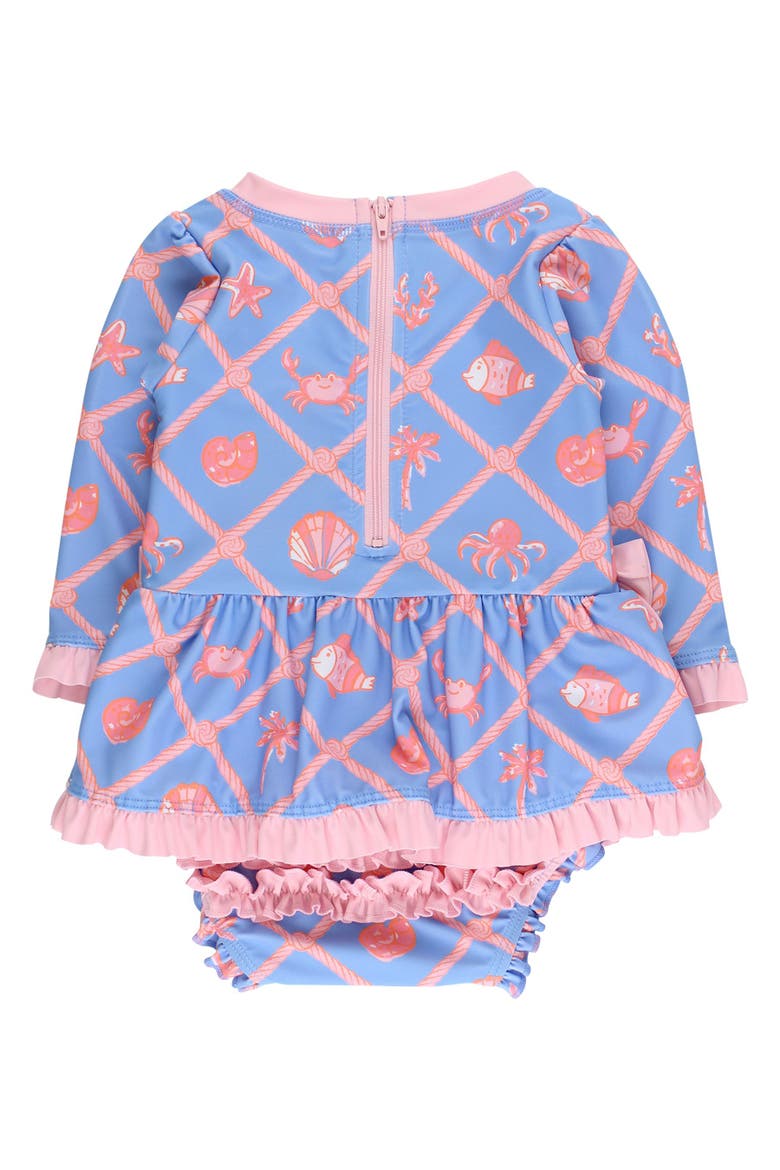 UPF50+ Long Sleeve One Piece Bow Peplum Rash Guard Swimsuit, Alternate, color, Tropical Trellis