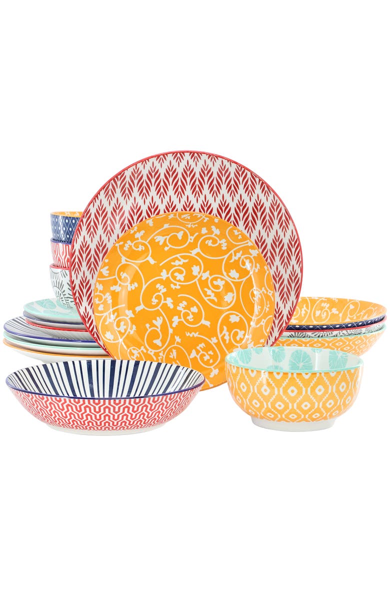 Elama Giovanna 16 Piece Assorted Porcelain Double Bowl Dinnerware Set, Main, color, White