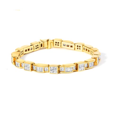 14K Yellow Gold 7.0 Cttw Baguette Cut Diamond Alternating Box and Wave Link Bracelet