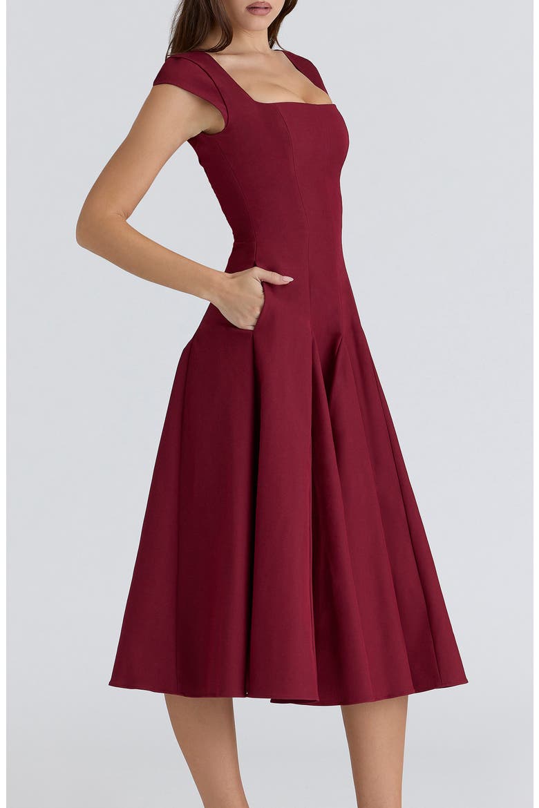 Raise Square Neck Twill Midi Dress, Alternate, color, WINE