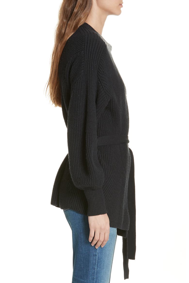 Puff Sleeve Belted Cardigan, Alternate, color, NOIR