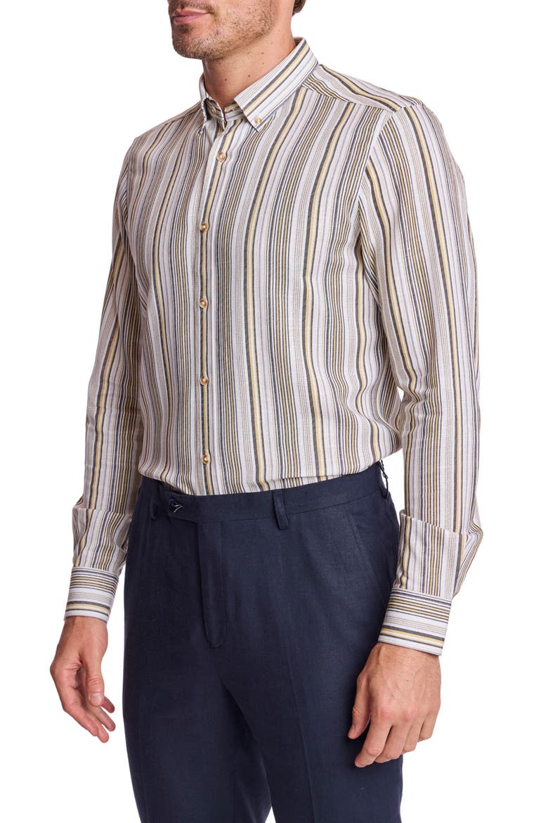 Brian Linen Blend Button-Down Shirt, Alternate, color, GOLDEN ASH STRIPE