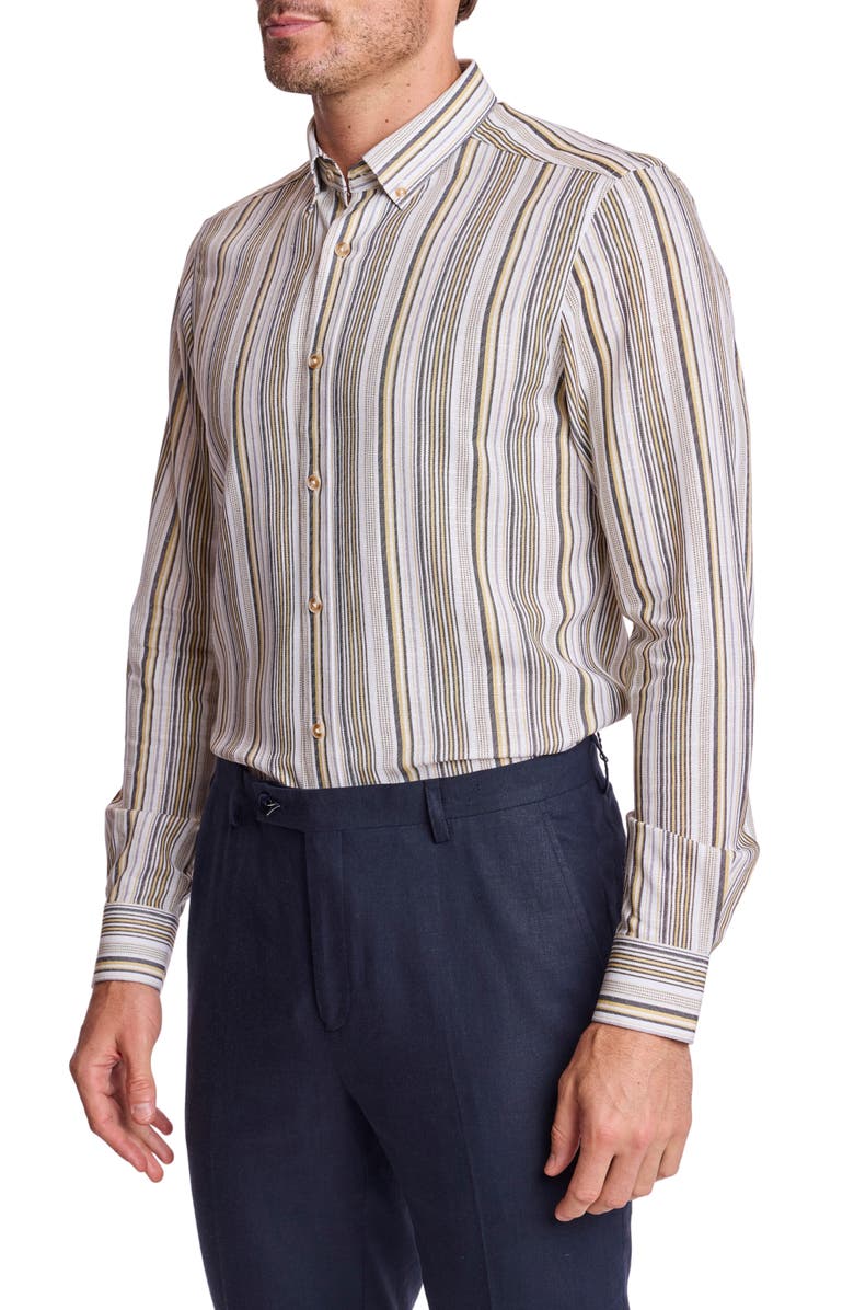 PAISLEY & GRAY Brian Linen Blend Button-Down Shirt, Alternate, color, Golden Ash Stripe