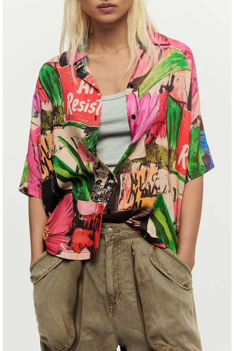 Collage Print Woven Button-Up Shirt, Main, color, PINK