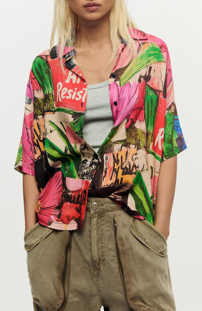 Desigual Collage Print Woven Button-Up Shirt, Main, color, Pink
