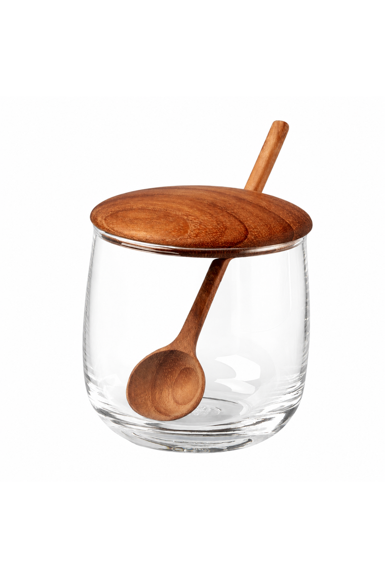 Glass Jar with Teak Lid & Spoon, Main, color, Brown