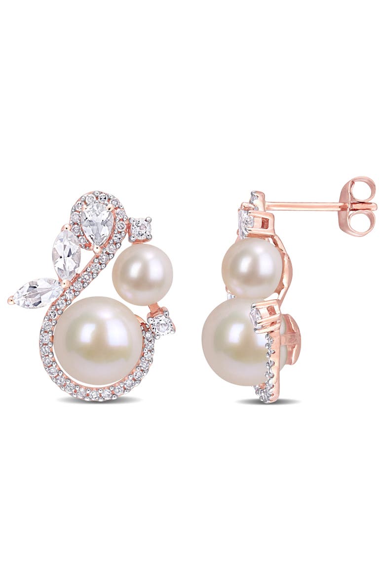 Pearl, White Topaz & Diamond Earrings 10k, Main, color, Cultured Pearl