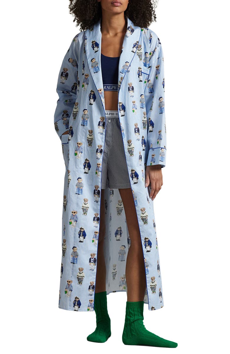 Polo Ralph Lauren Heritage Bear Print Cotton Robe, Main, color, Oxford Blue