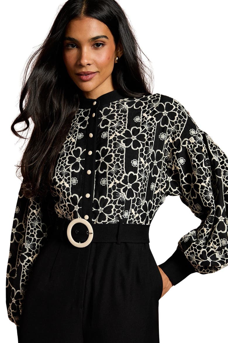 Blouson Sleeve Belted Wide Leg Jumpsuit, Alternate, color, Mono