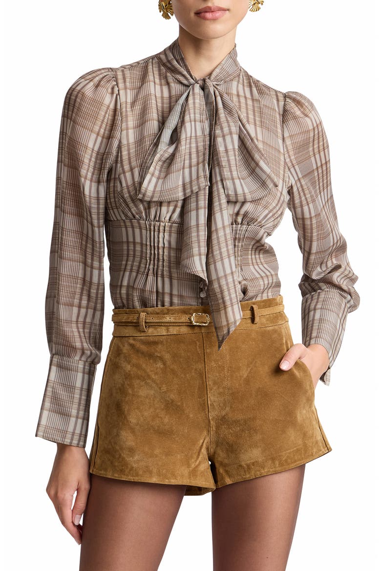 Plaid Tie Neck Top, Main, color, NATURAL PLAID MULTI