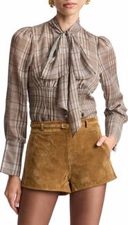 Avec Les Filles Plaid Tie Neck Top