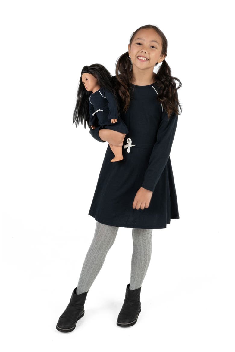 Girls Bow Tie Dress with Matching Doll Dress, Alternate, color, NAVY