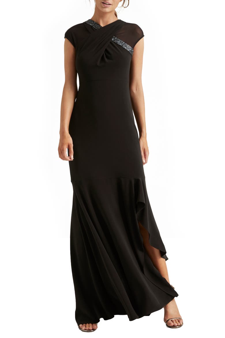 Heritage Crossover Embellished Asymmetrical Gown, Main, color, BLACK