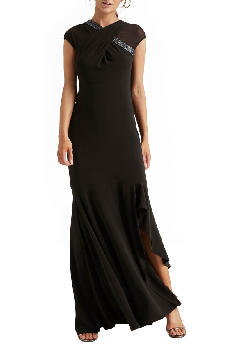 HALSTON Heritage Crossover Embellished Asymmetrical Gown, Main, color,