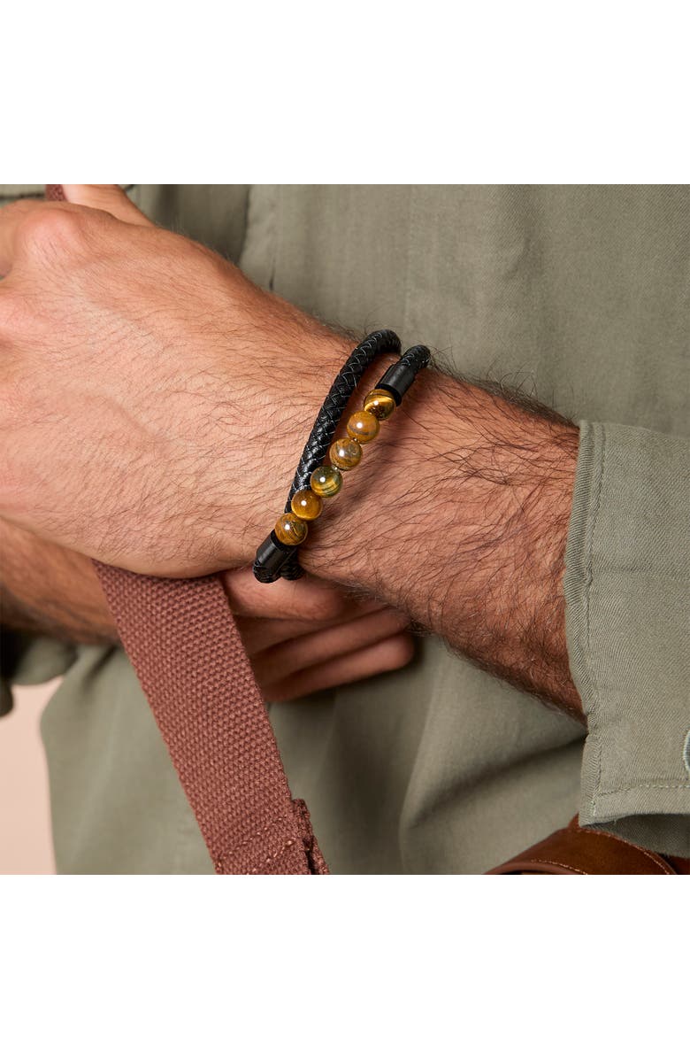 Lucky Brand Tiger's Eye Beaded and Leather Wrap Bracelet, Alternate, color, Black, Brown