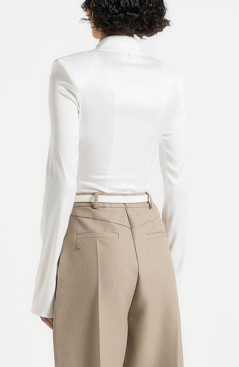 Manière De Voir Louise Wide Shoulder Satin Shirt Bodysuit, Alternate, color, Off White