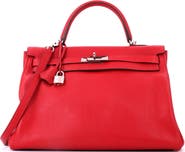 Pre-Owned Hermes Kelly Handbag Red Clemence with Palladium Hardware 35