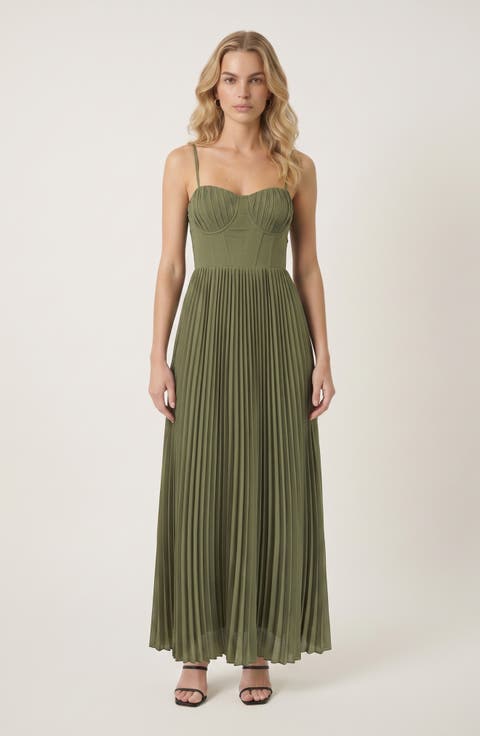 Pleated Bustier Maxi Dress with Adjustable Straps and Smocked Back