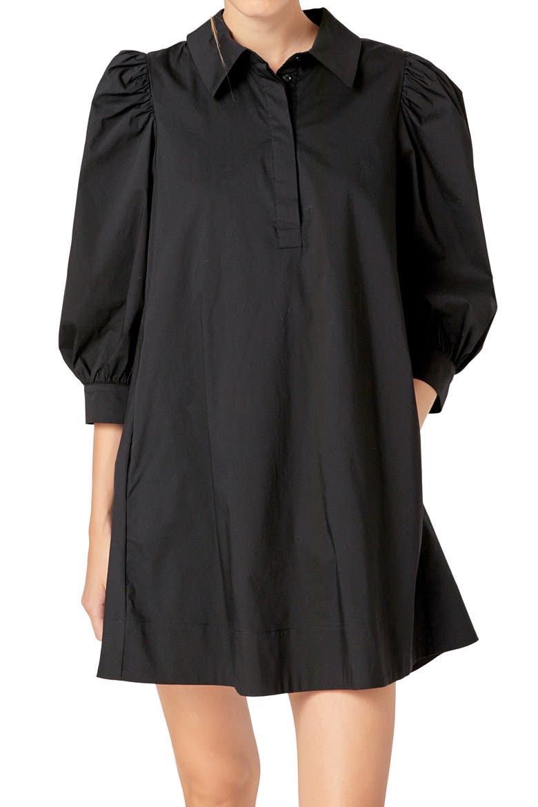 Puff Sleeve Mini Shirtdress, Alternate, color, BLACK