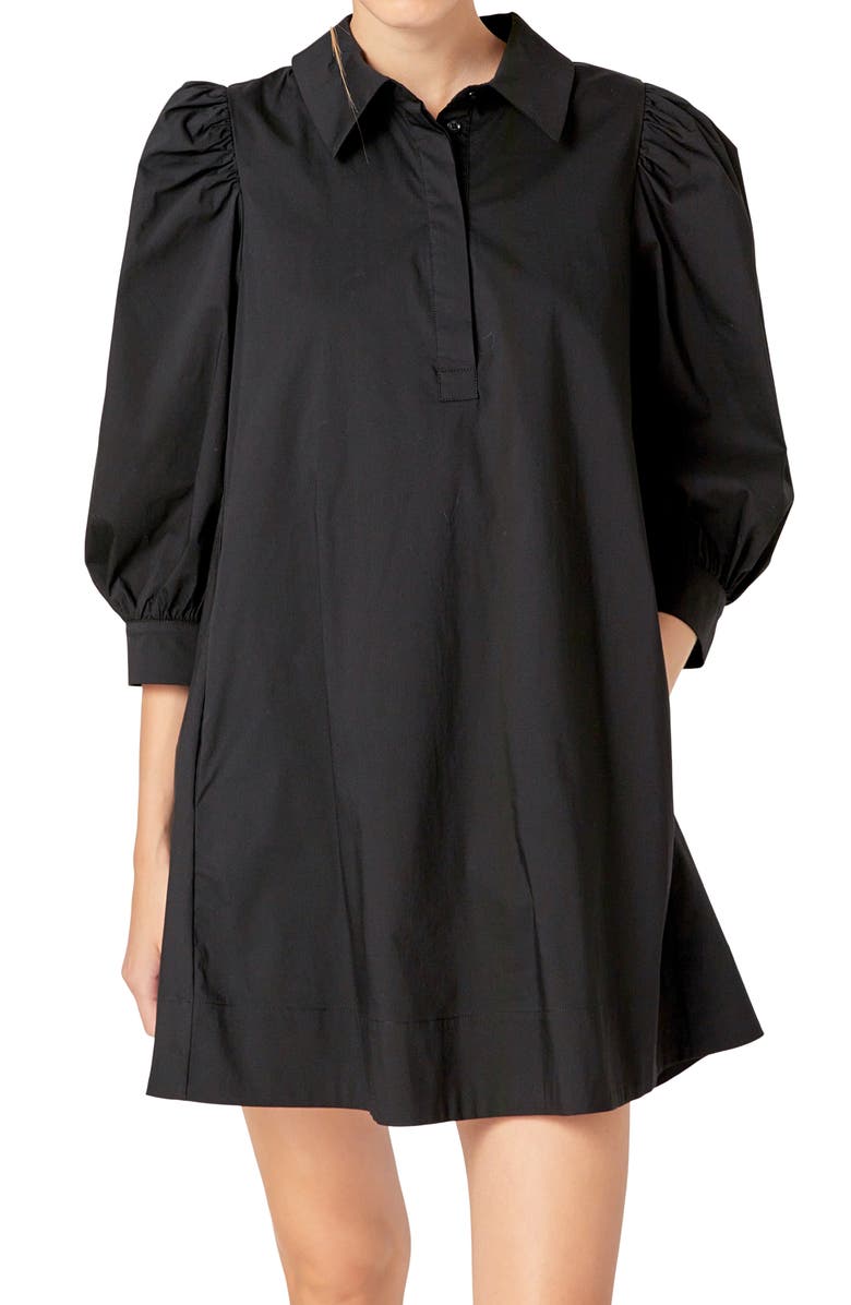 English Factory Puff Sleeve Mini Shirtdress, Alternate, color, Black