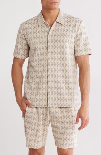 Fleece Factory Argyle Short Sleeve Button-up Shirt In Creamy Grey