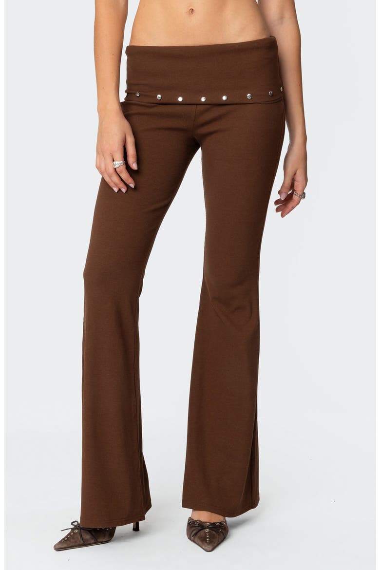 Aries Foldover Studded Waist Flare Leggings, Main, color, BROWN