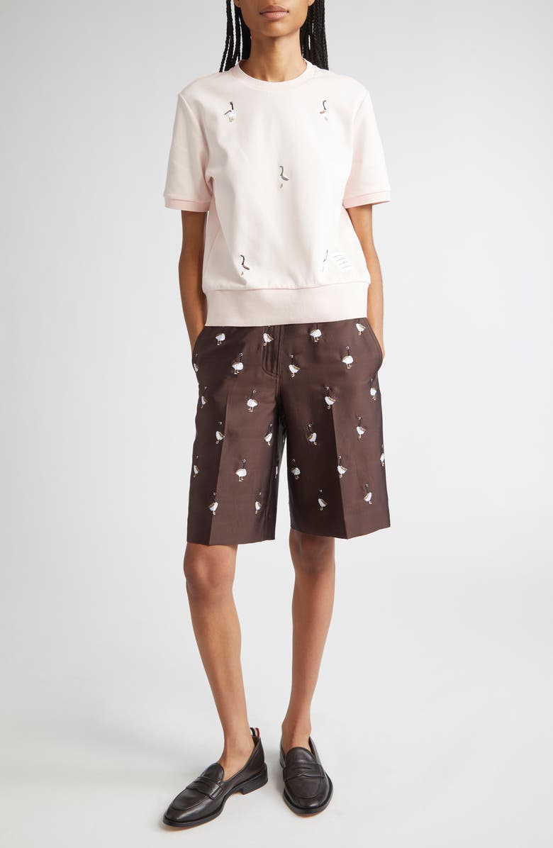 Thom Browne Geese Embroidered Twill Wide Leg Shorts, Alternate, color, Brown