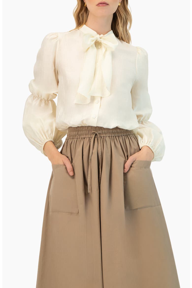 Long Sleeve Blouse with Neck Tie, Main, color, Ivory