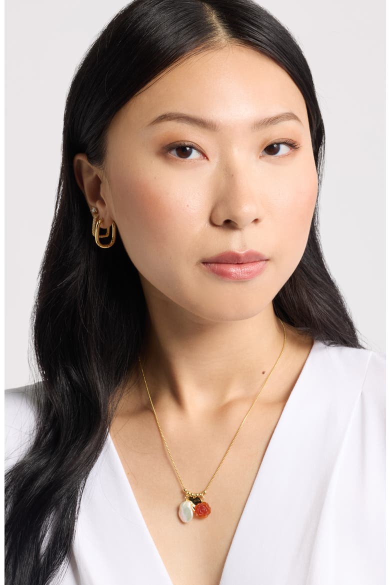 Floral Agate & Freshwater Pearl Pendant Necklace, Alternate, color, AMBER- WHITE- 14K GOLD PLATED