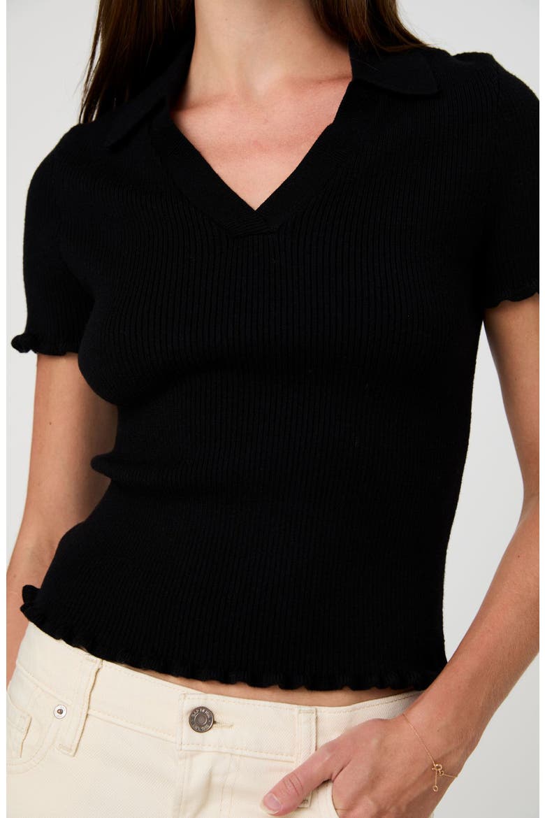 Ruffle Trim Ribbed Polo Sweater, Alternate, color, BLACK