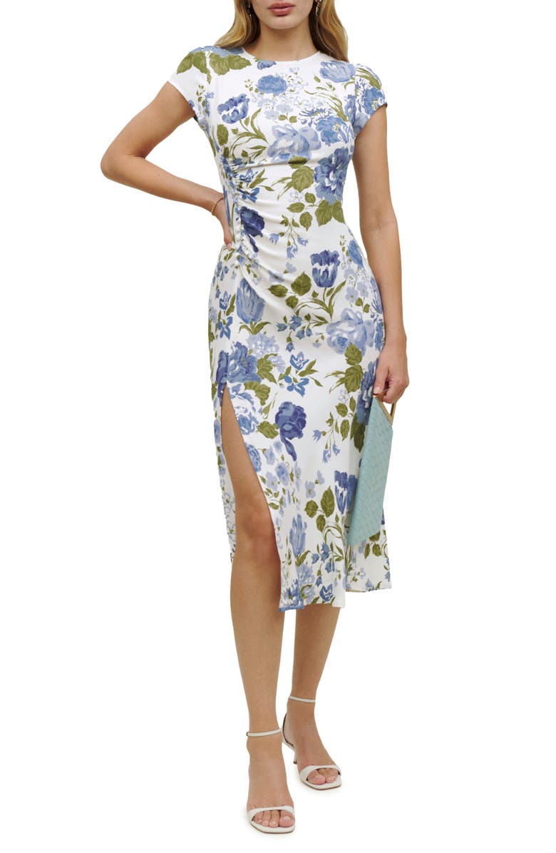 Reformation Frasier Gathered Short Sleeve Midi Dress, Main, color, 