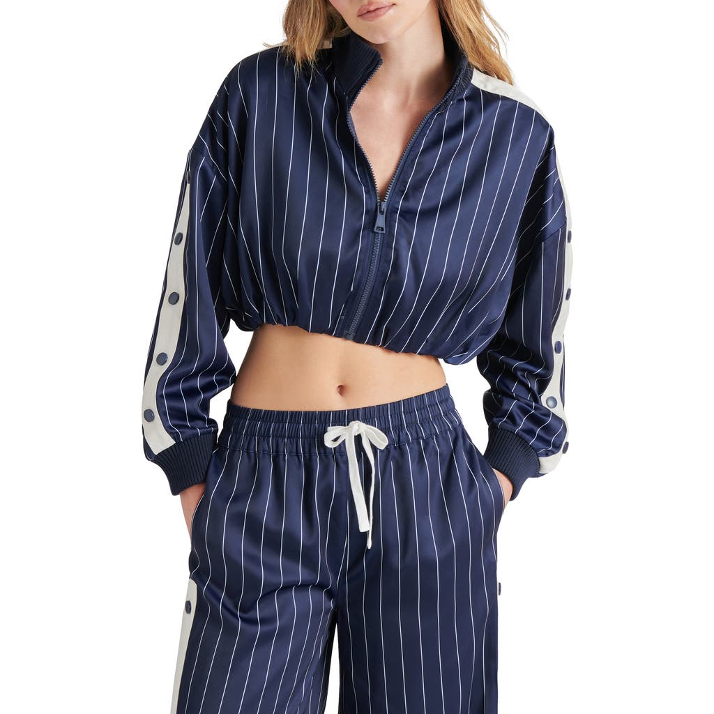 Steve Madden Beckham Pinstripe Crop Satin Jacket In Navy