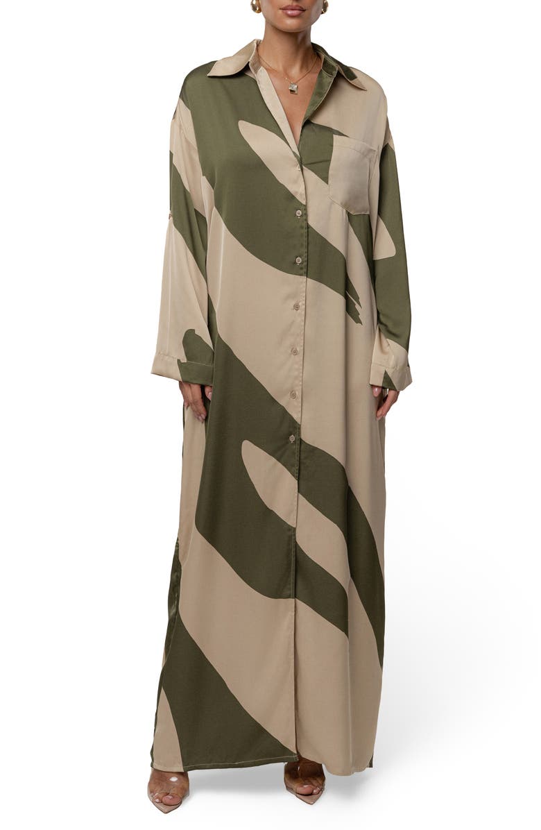JLUXLABEL Long Sleeve Satin Maxi Shirtdress, Main, color,