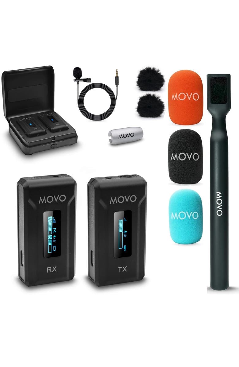 MOVO WMX-2 Wireless Lavalier Microphone System with Charging Case and Interview Mic Handle for Cameras, Main, color, Black