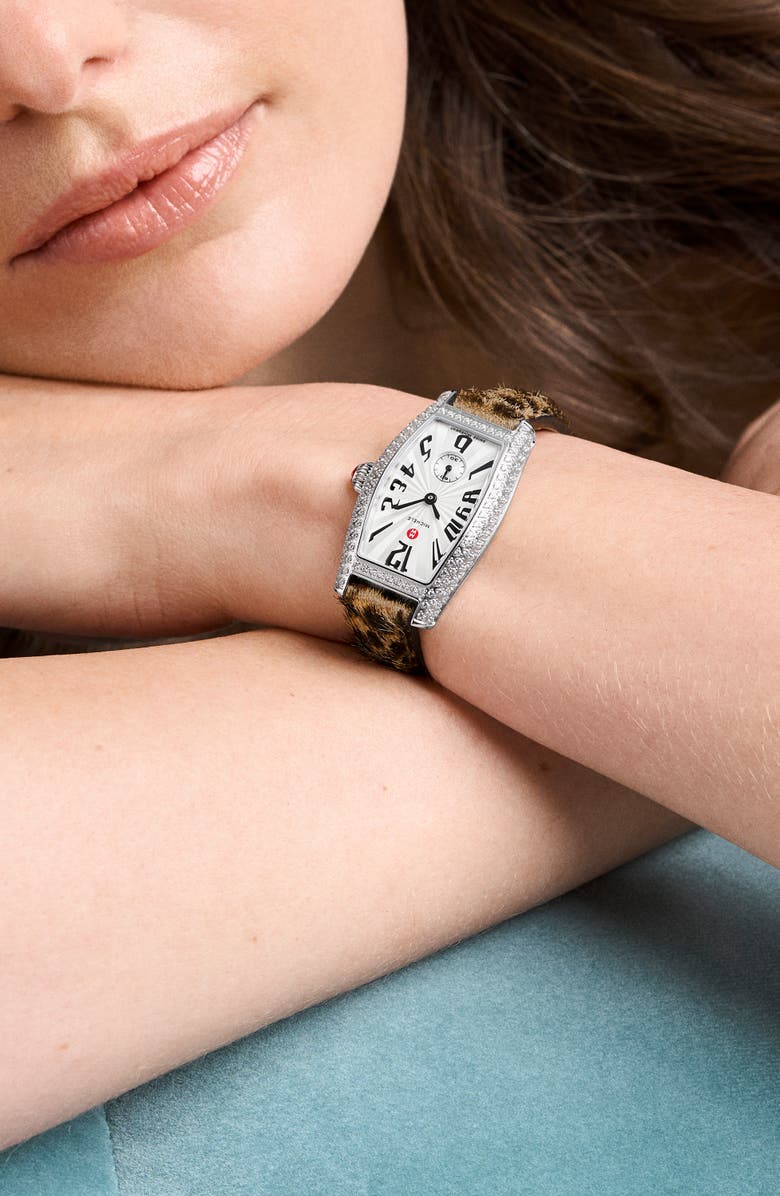 MICHELE Special Edition Diamond Coquette Genuine Calf Hair Strap Watch, 23mm x 40mm, Alternate, color, Brown / Black / Silver Multi