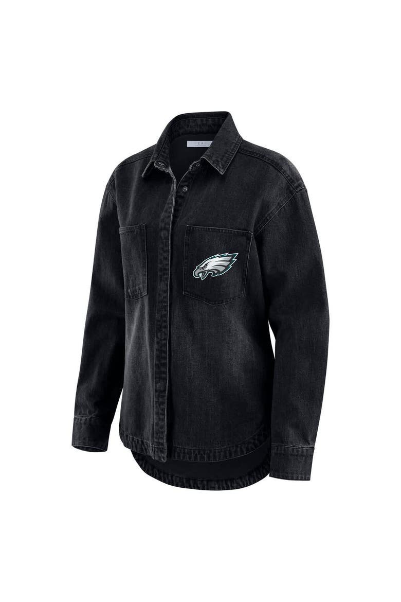 Women's WEAR by Erin Andrews Black Philadelphia Eagles Washed Oversized Denim Full-Snap Shacket, Alternate, color, Black