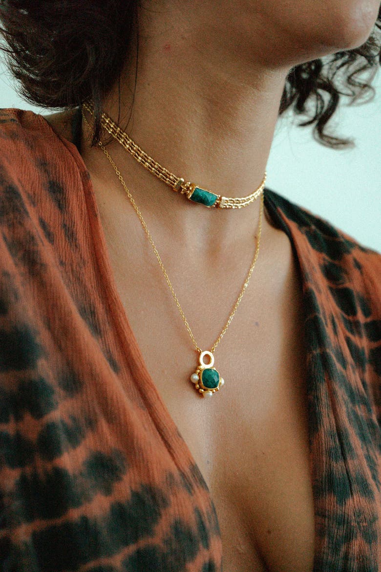 Esther Emerald And Pearl Pendant Necklace, Alternate, color, Gold