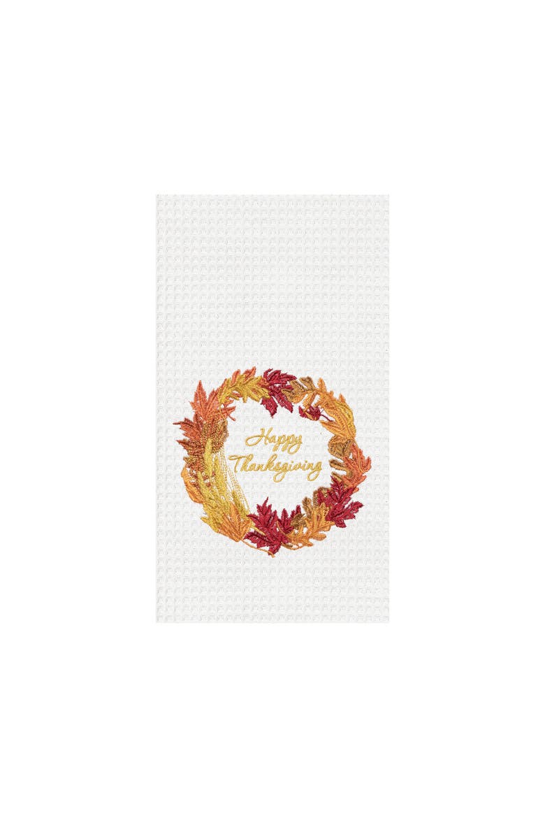 Happy Thanksgiving Wreath 100% Cotton Waffle Weave Dishtowel, Main, color, White