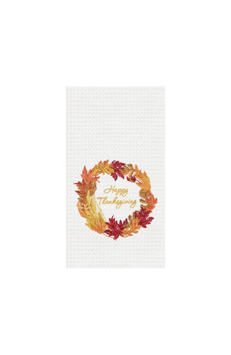 C&F Home Happy Thanksgiving Wreath Embroidered Waffle Weave Kitchen Towel, Main, color, 