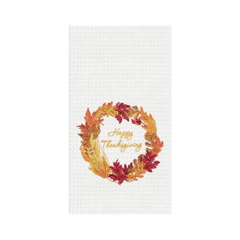 Happy Thanksgiving Wreath Embroidered Waffle Weave Kitchen Towel
