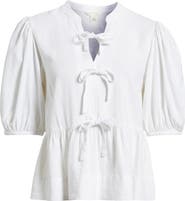 Caslon® Linen Blend Tie Front Peplum Top