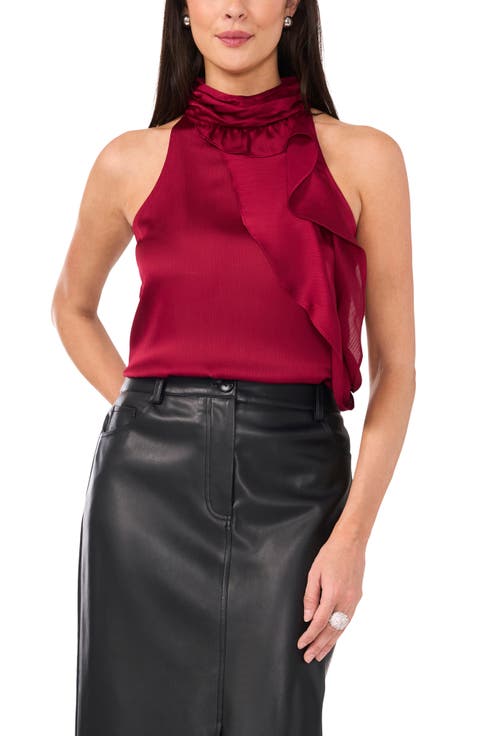 Ruffle Detail Sleeveless Hammered Satin Top