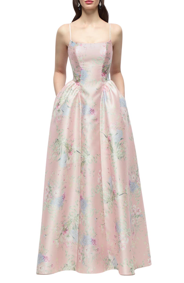 Dessy Collection Jillian Floral Satin Twill Gown, Main, color, Esme Floral