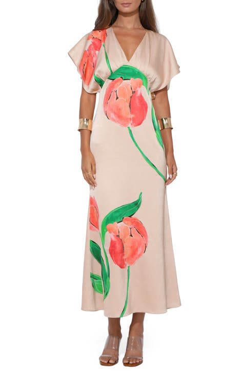 Madelyn Floral Flutter Sleeve Satin Maxi Dress