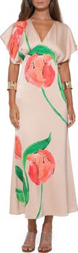 Adelyn Rae Madelyn Floral Flutter Sleeve Satin Maxi Dress