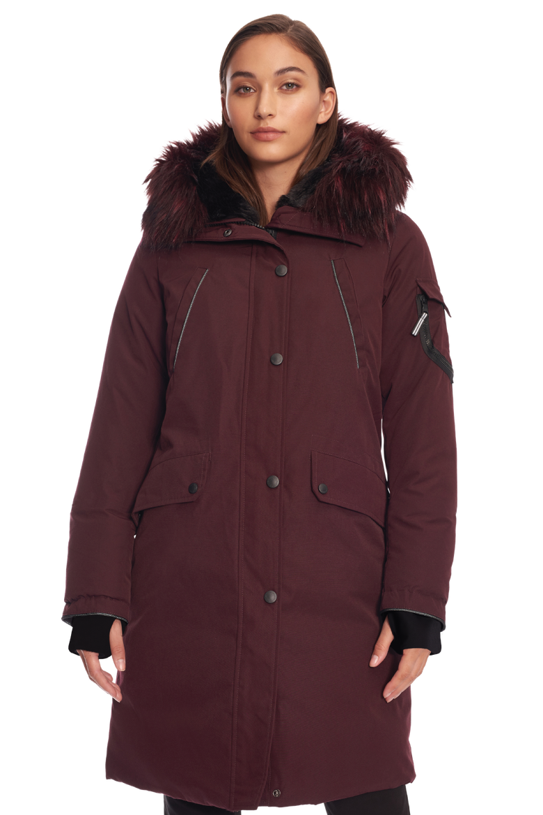 Laurentian - Vegan Down Long Winter Parka with Faux Fur Hood, Main, color, GRAPE