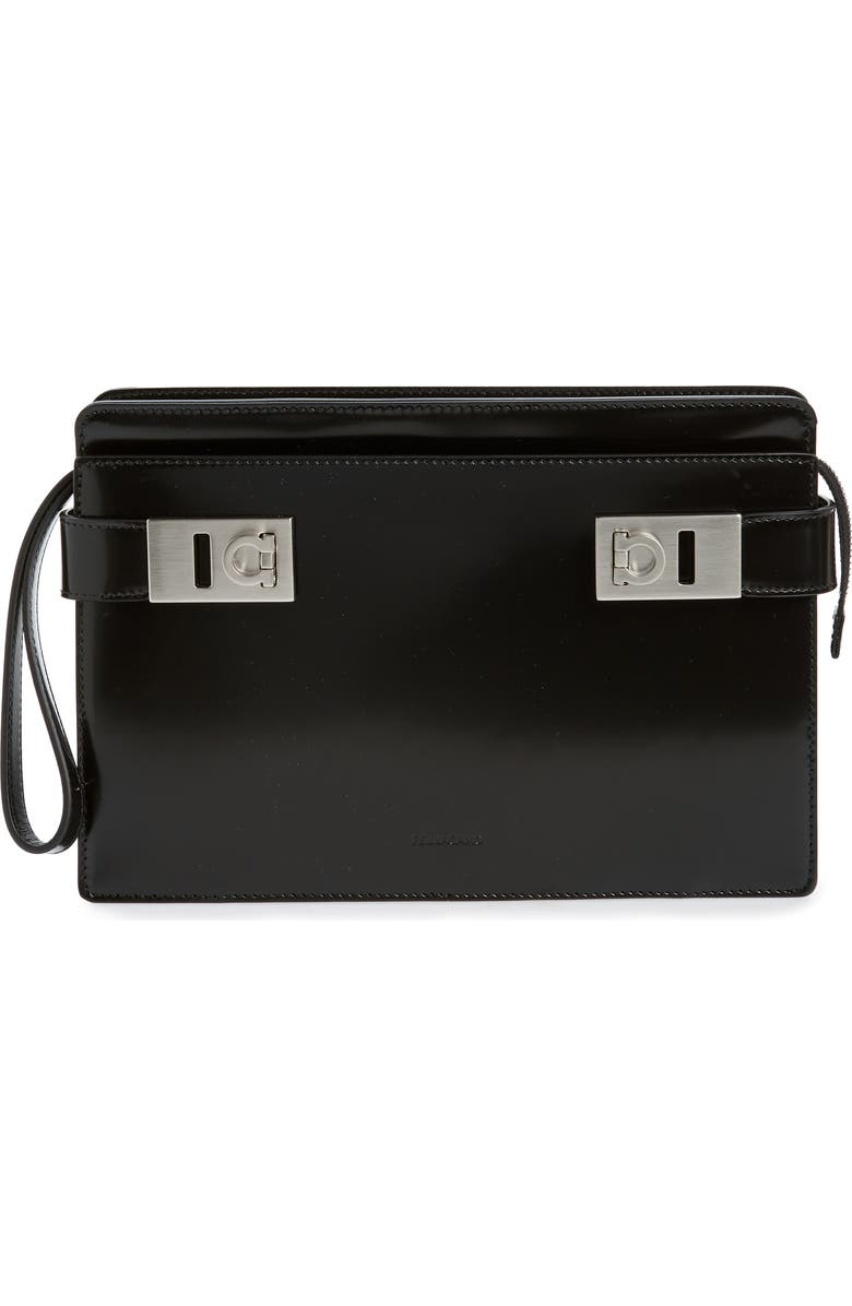 FERRAGAMO Twins Leather Zip Pouch, Main, color,